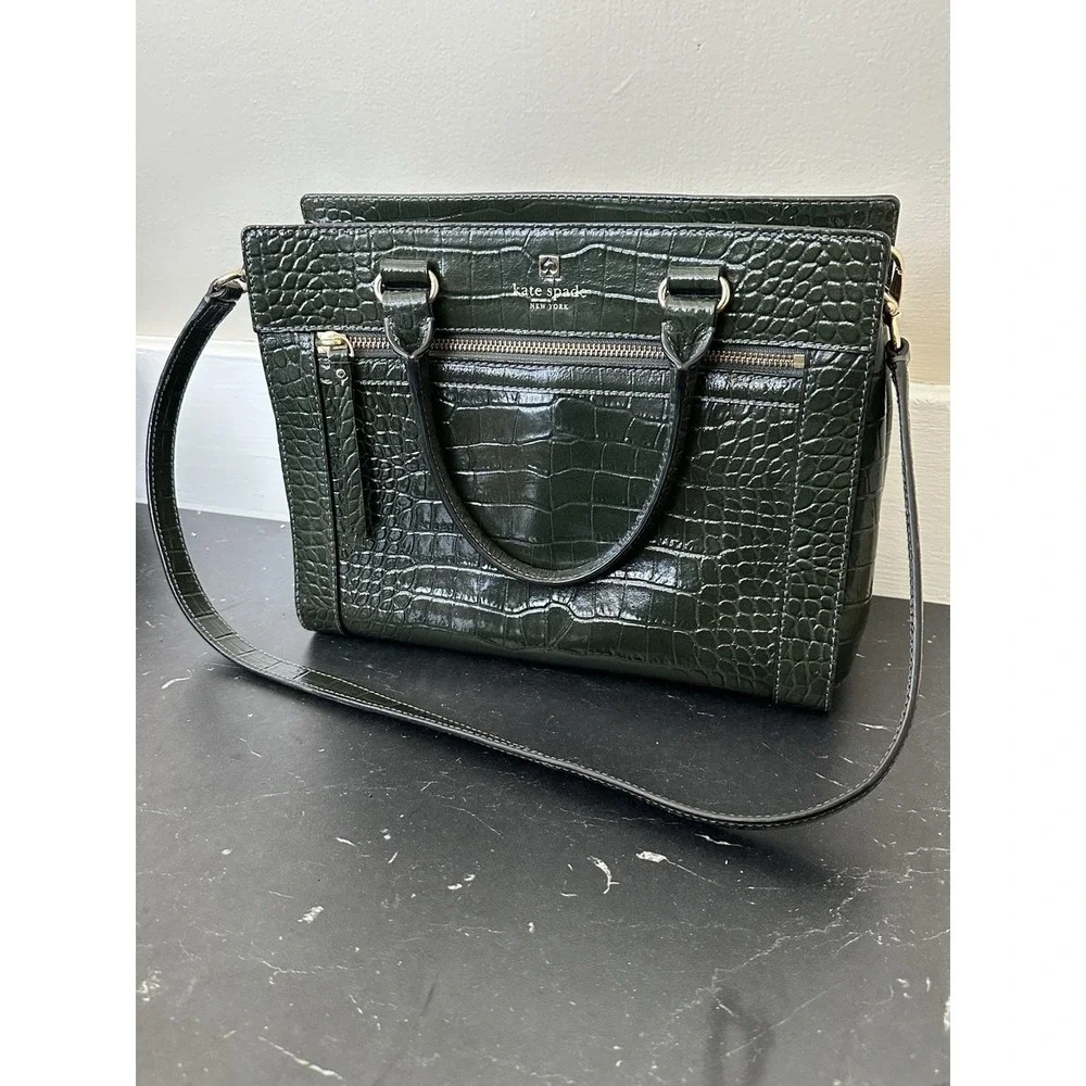 Kate‎ Spade NY Crocodile Embossed Leather Shoulder Satchel Handbag Dark Green